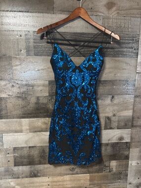 Windsor Black Mini Dress with Blue Sequin Filigree XS